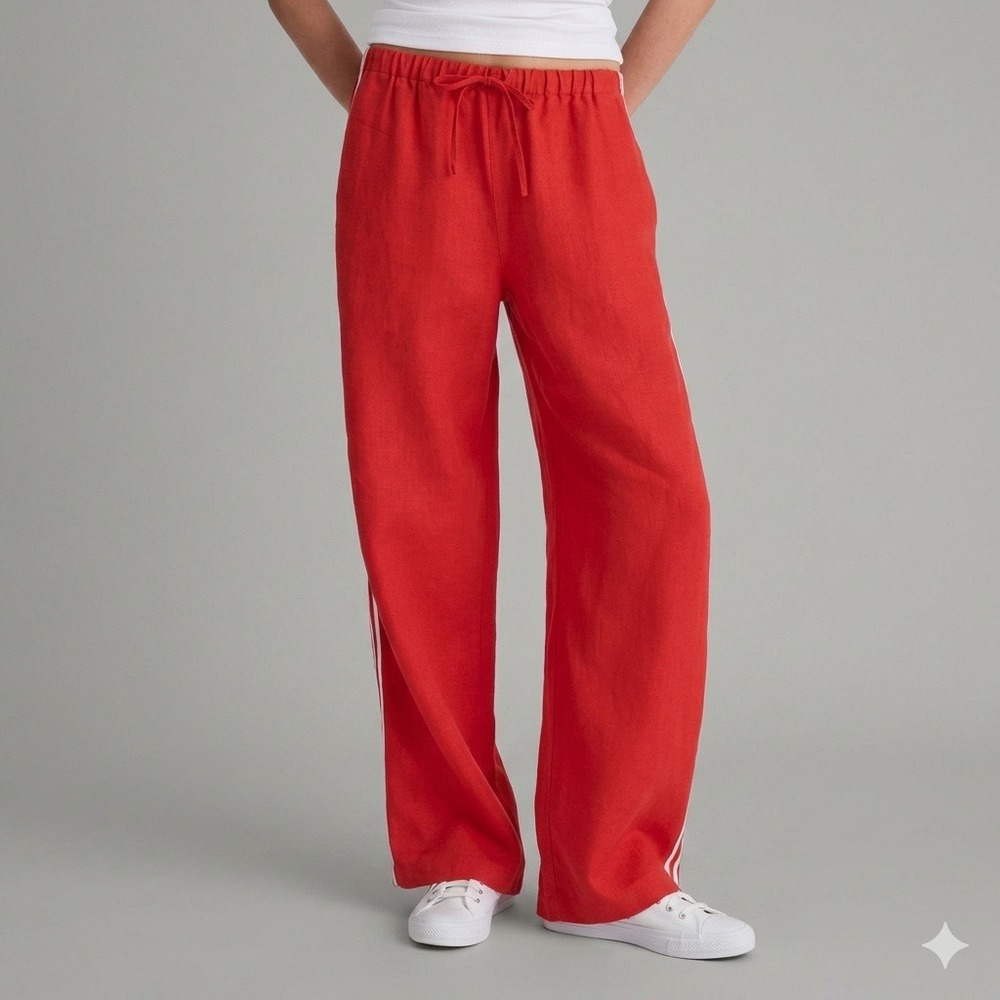 Madewell Linen Pants Womens Size Medium Wide Leg Pull On Track Stripe Red NWT